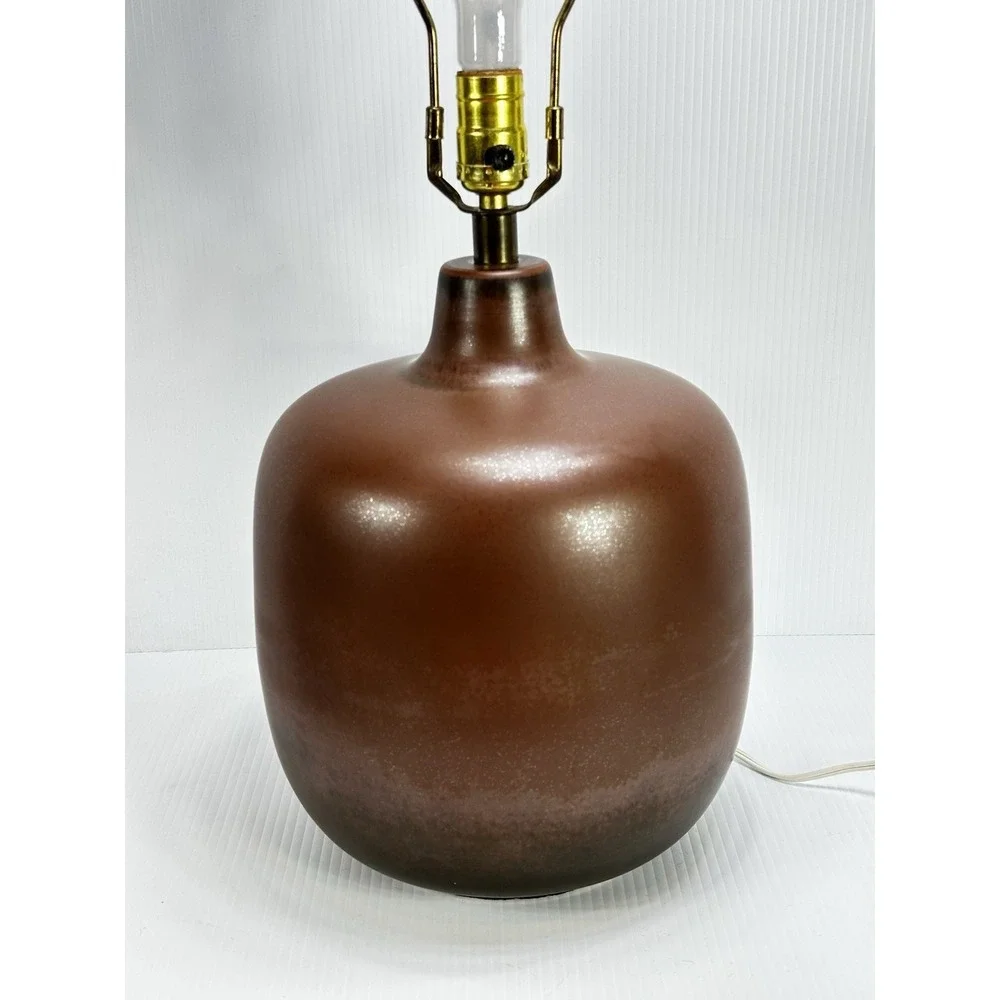 Vintage Bostlund‎ Rich Brown Glaze Pottery Table Lamp With Shade Mid Century Mod